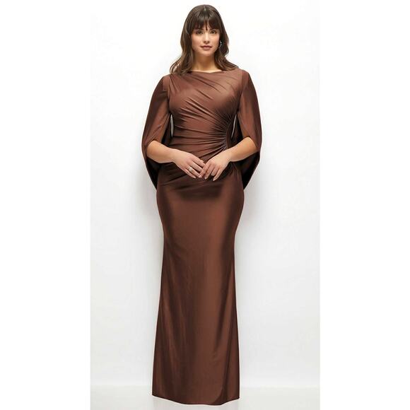 After Six 6897 Cognac Draped Stretch Satin Maxi Dress with Built-in Capelet XXL - Picture 1 of 5